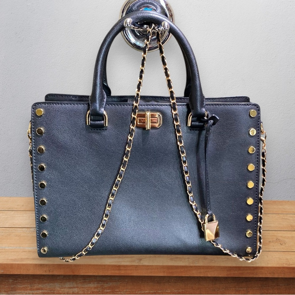 Michael Kors Gold Studded Saffiano Leather  Kellen Satchel Bag. Black. Pristine